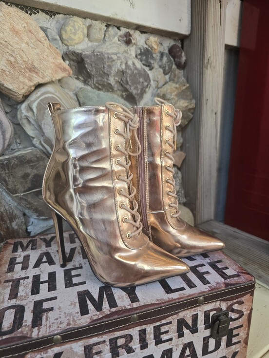 Shoes - Banco Metallic Rose Gold Lace-Up Stiletto Booties – Pointed Toe Ankle Boots